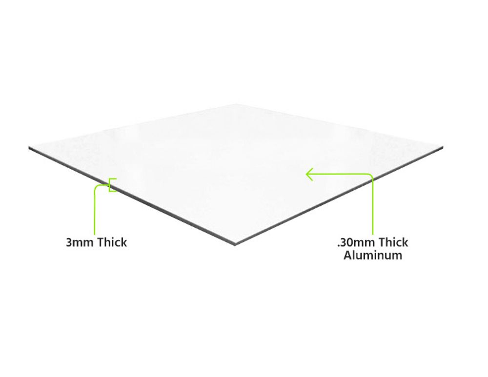 Square sheet of white material with thin aluminum border. Text labels thickness.