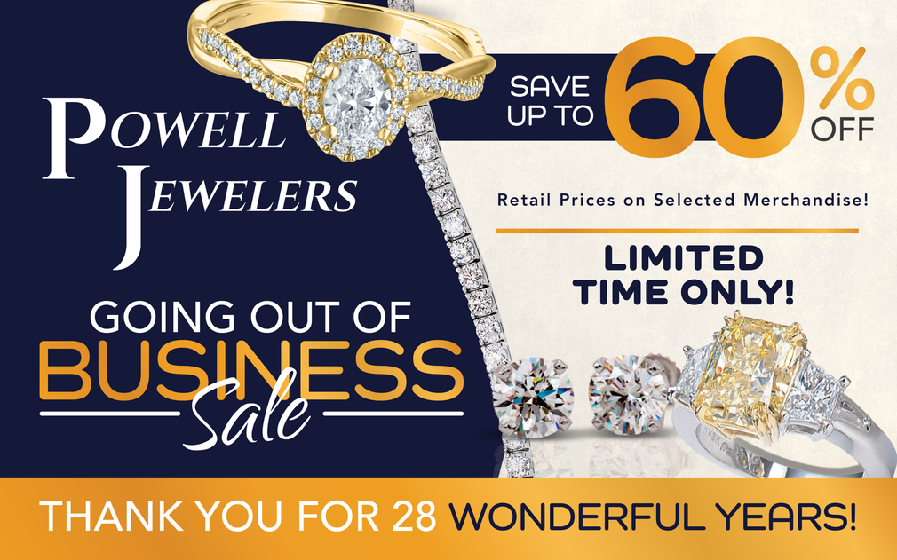Powell Jewelers going-out-of-business sale ad featuring jewelry, offering up to 60% off for a limited time.