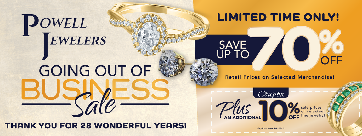 Jewelry store going-out-of-business sale ad with gold rings and up to 70% off, plus 10% off coupon