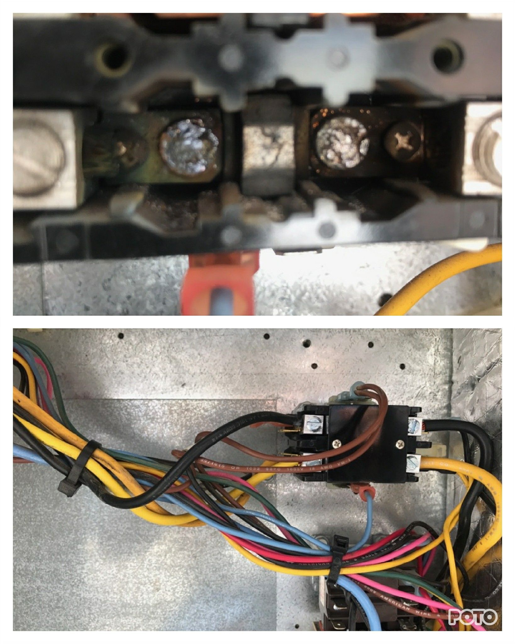 A close up of a electrical box with wires and screws