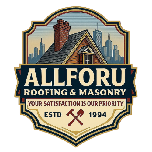 Logo for Allforu Roofing & Masonry, featuring a house illustration with city skyline, tools, and the tagline "Your Satisfaction is our Priority."