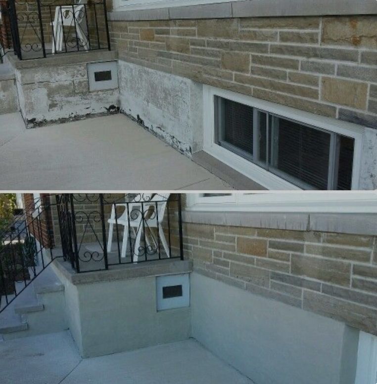 Before and after photos showing a house's foundation repaired and painted, contrasting the old chipped paint with the new, smooth finish.