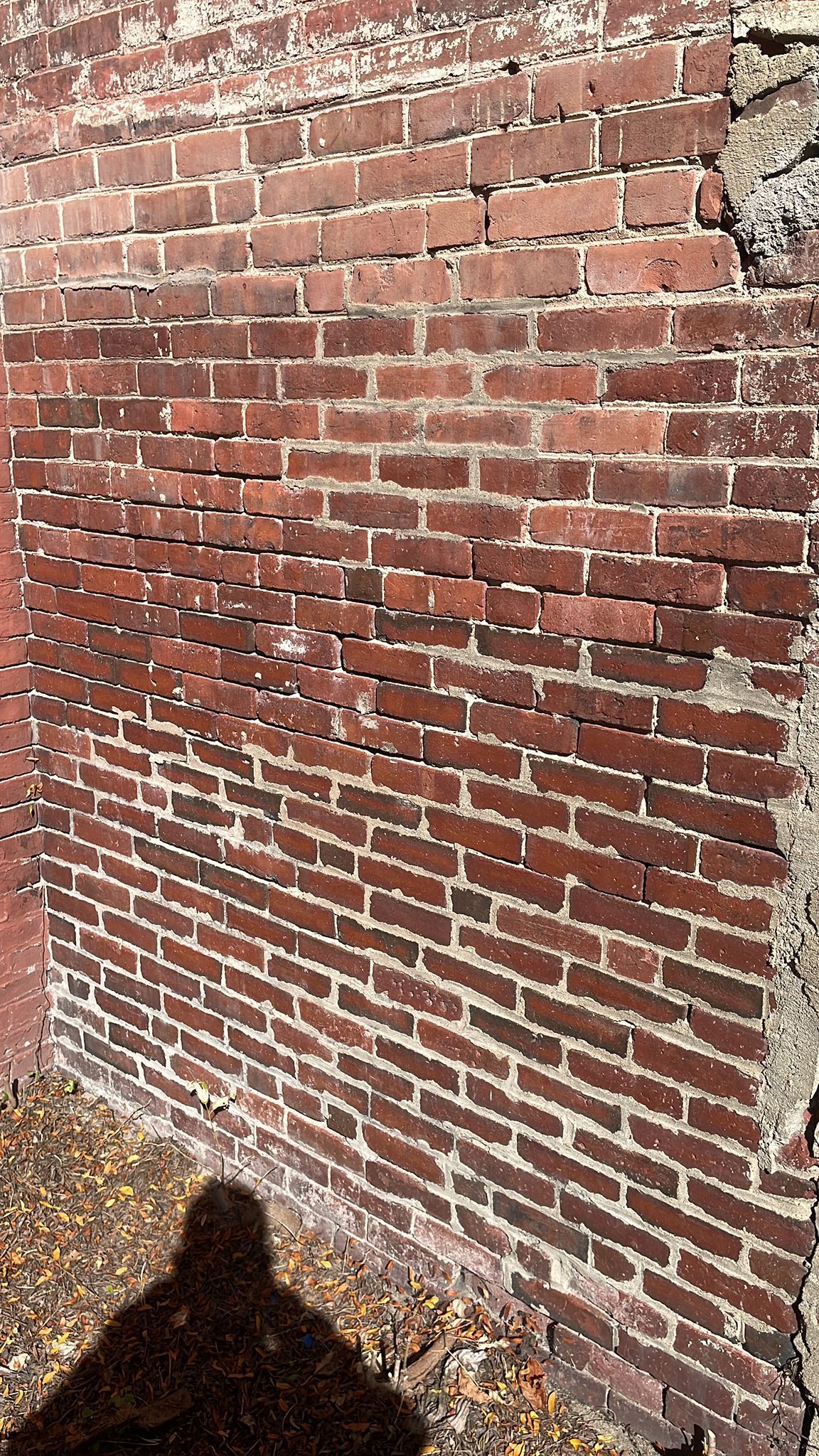 Red brick wall with weathered mortar and partial shadow of a person.