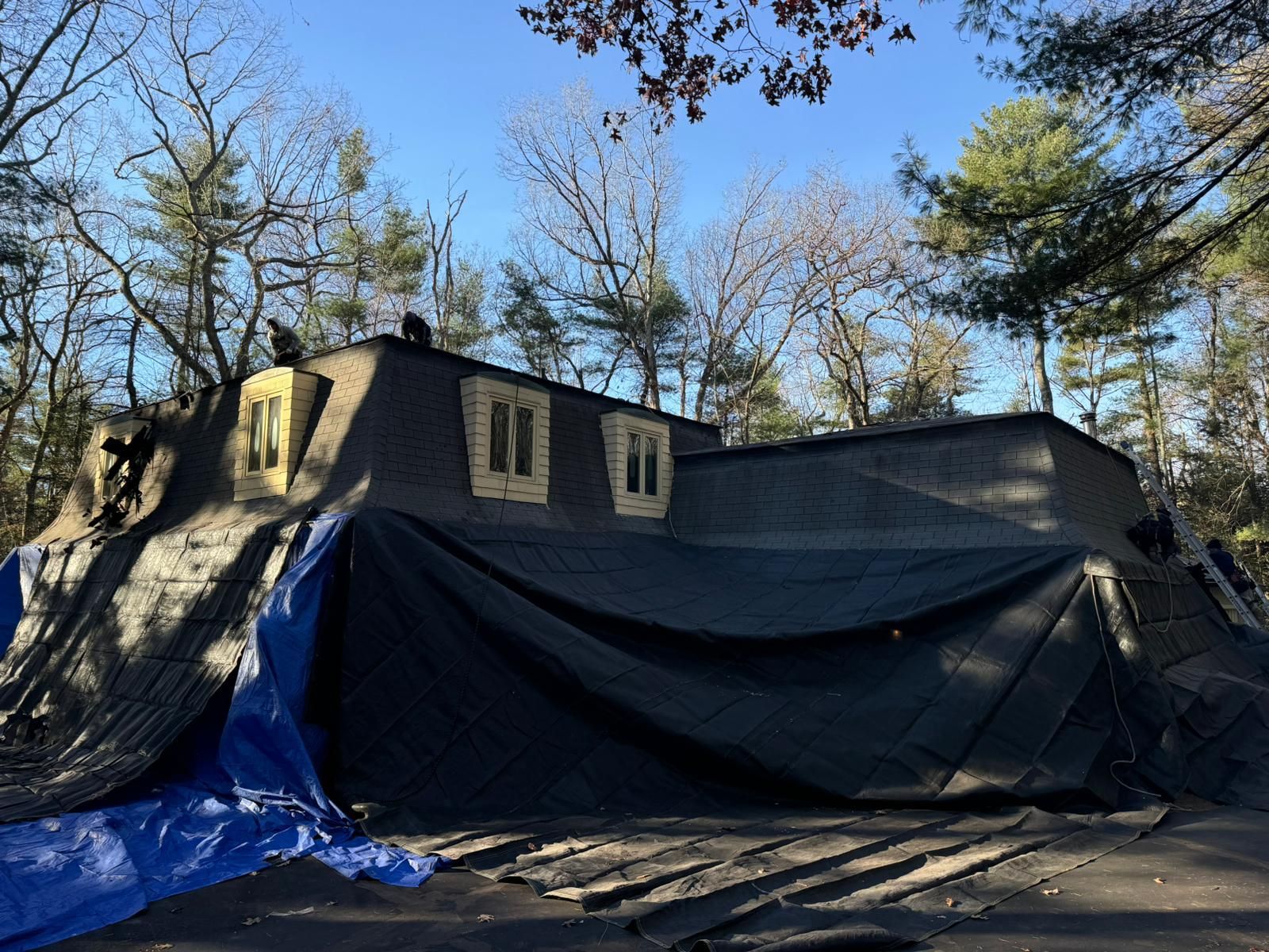 House covered in black tarps, roof repair in progress, trees in background, sunny day.