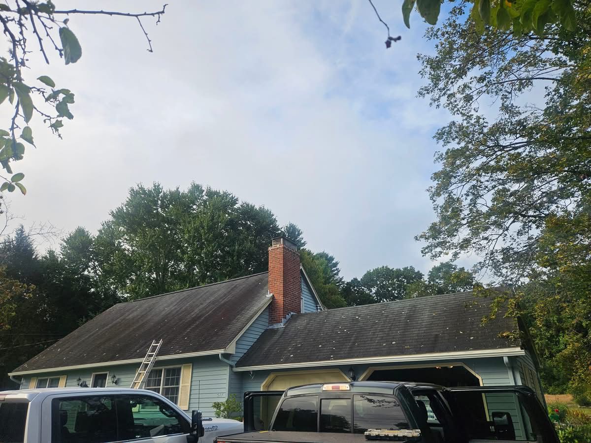 Blue house with dark roof and brick chimney. Trees and cloudy sky in background.