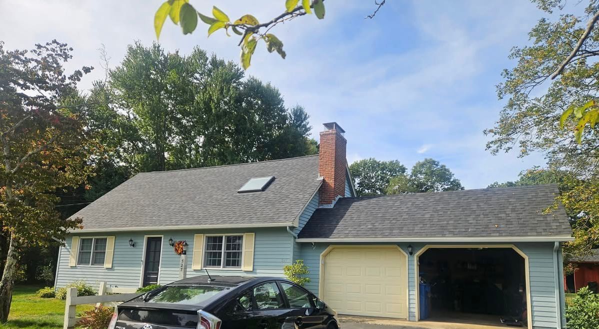Blue house with gray roof, chimney, and open garage, surrounded by trees; a car parked in front.