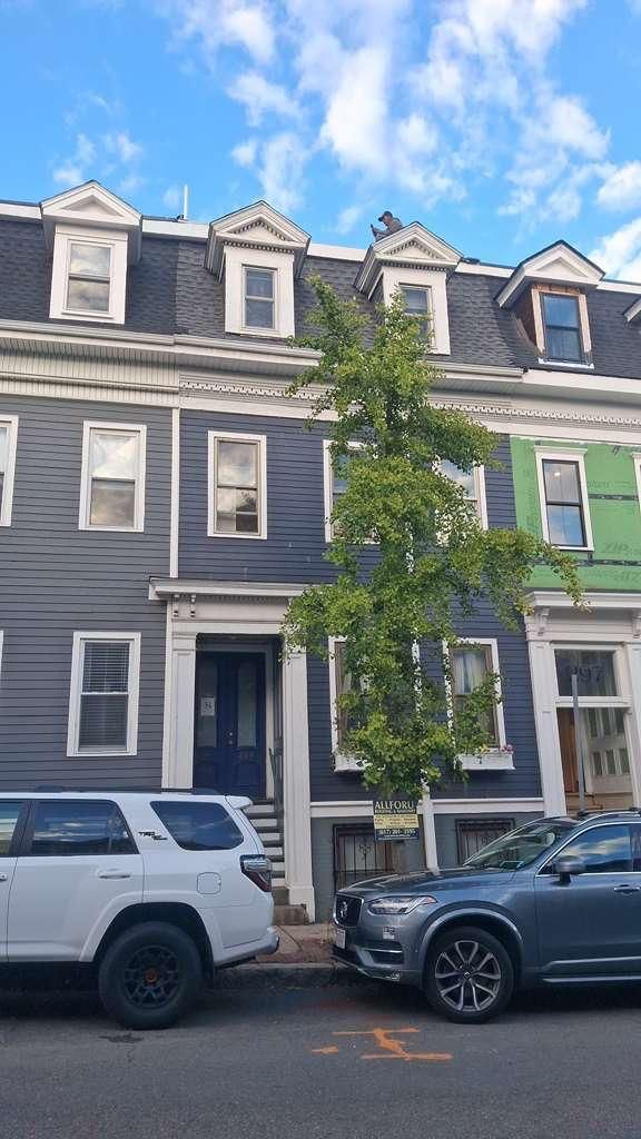 Row houses, blue facade, tree in front. Cars parked on the street. Cloudy sky.
