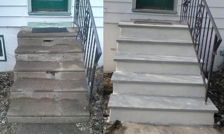 Comparison of old, weathered concrete steps and newly resurfaced steps.