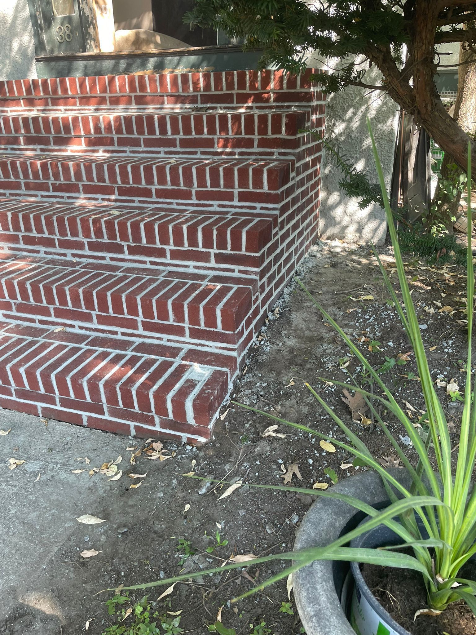 Brick steps leading to a building's entrance, with nearby foliage and a potted plant.