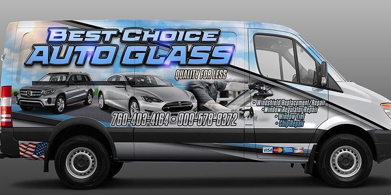 A white van with a wrap that says best choice auto glass