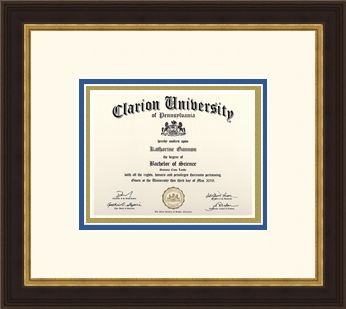 Framed Clarion University diploma with a dark brown frame, off-white mat, and blue/gold border.
