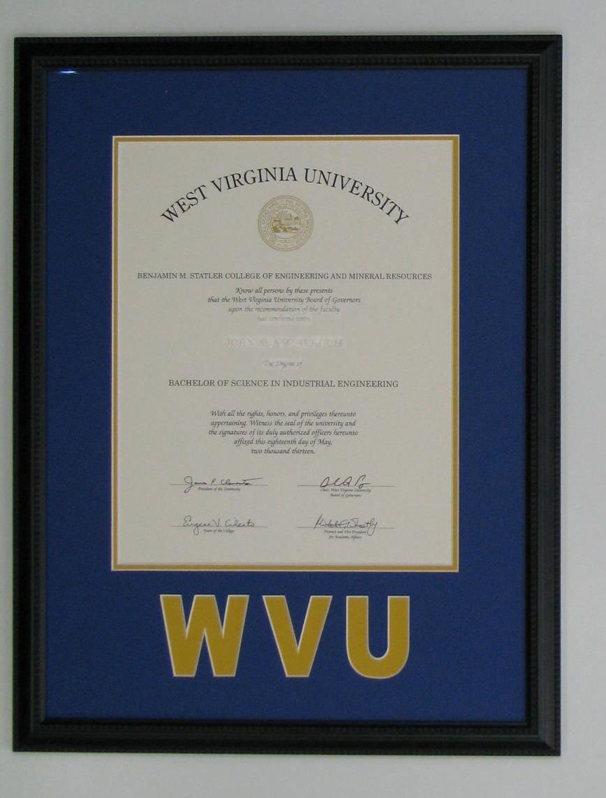 Framed West Virginia University diploma with a blue mat and gold
