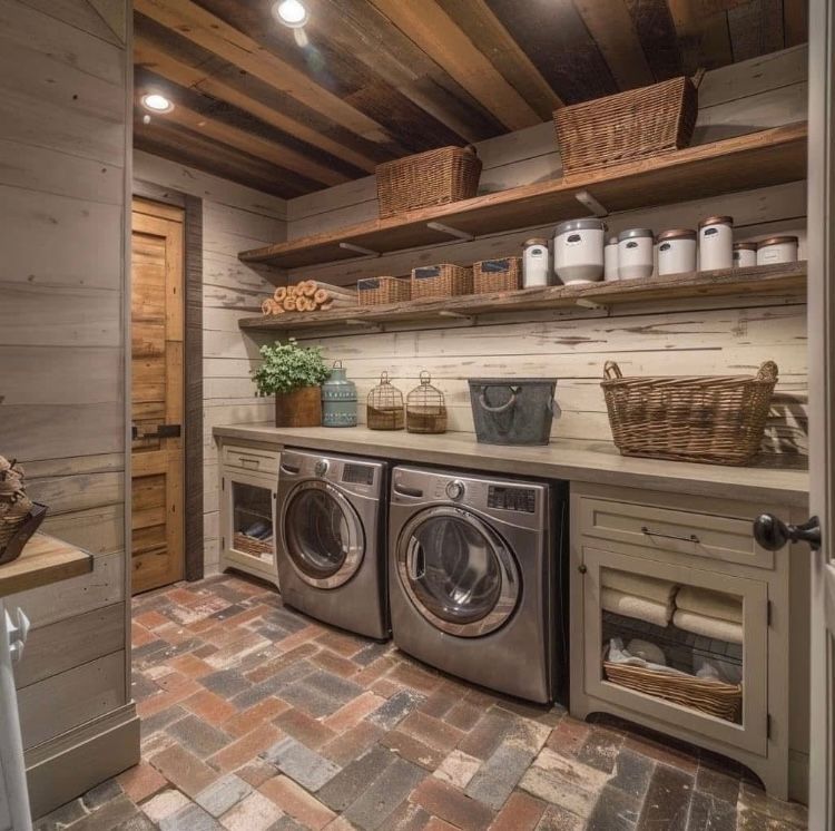 A laundry room with two washers and two dryers