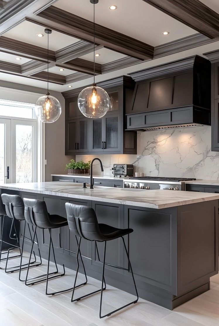 A kitchen with a large island, stools, a sink, and a stove.