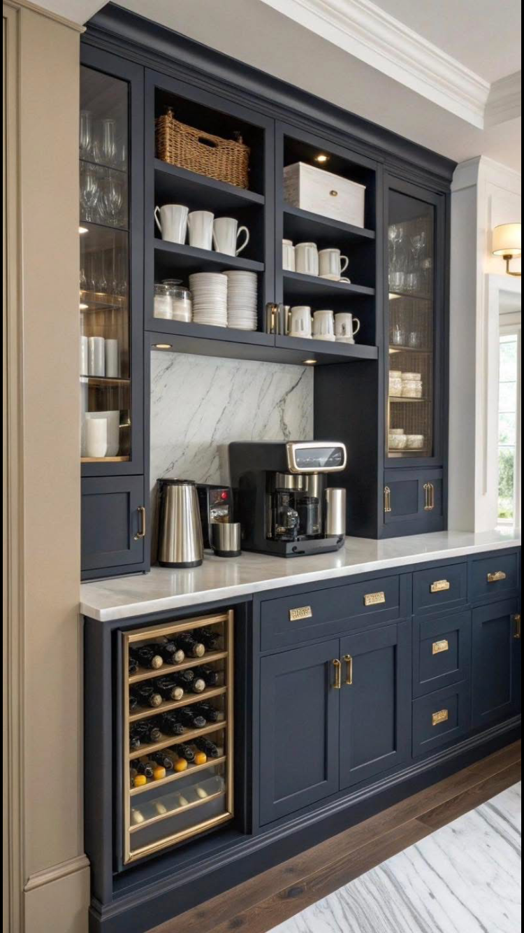 Navy blue built-in kitchen cabinetry with a coffee station, wine fridge, and open shelving; white countertops and gold hardware.