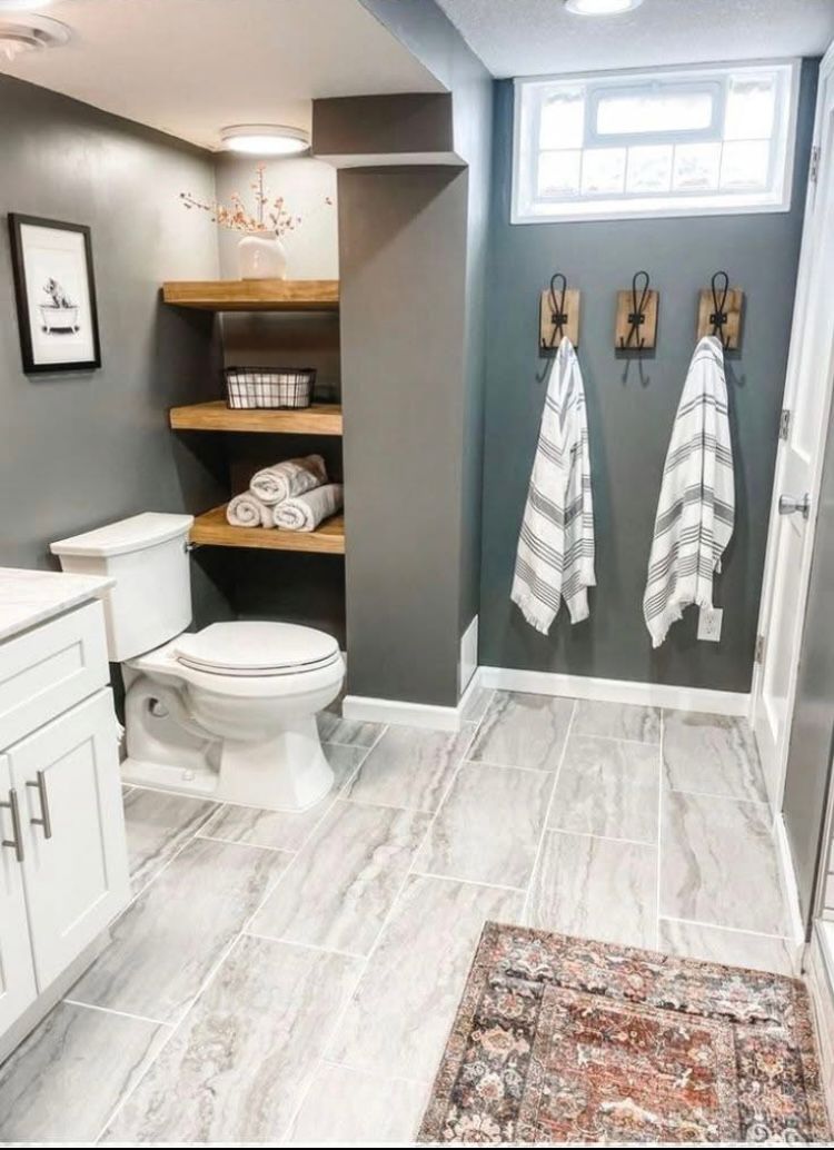 A bathroom with a toilet, sink, and shelves.