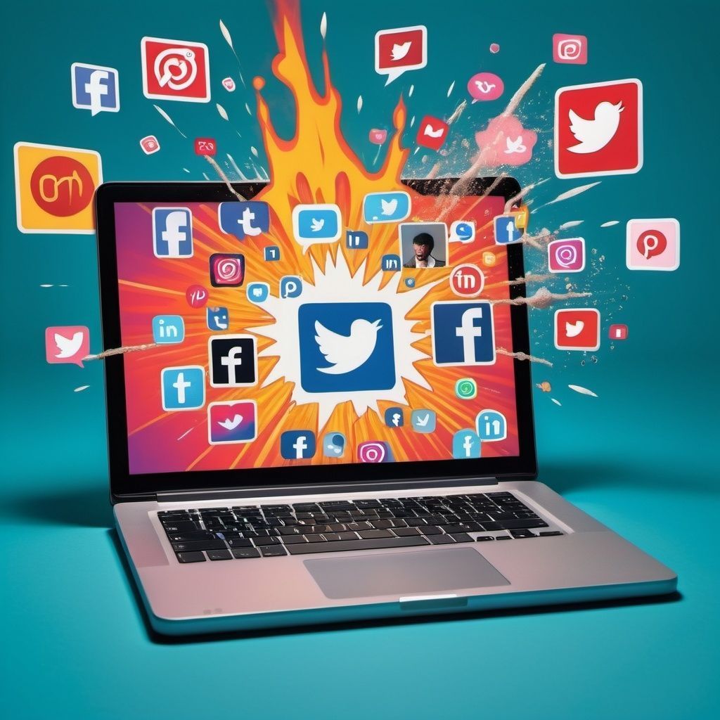 Laptop with social media icons bursting from the screen on a blue background