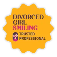 Yellow badge logo with “DIVORCED GIRL SMILING” and “TRUSTED PROFESSIONAL” text in black and pink.