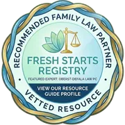 Fresh Starts Registry badge with scales, recommending a vetted family law partner and resource guide