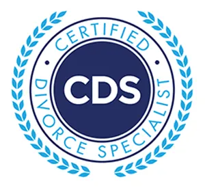 Certified Divorce Specialist badge with blue laurel wreath and CDS initials in the center