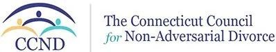 Logo for The Connecticut Council for Non-Adversarial Divorce with blue and purple arc figures and text