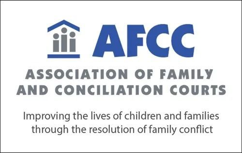 AFCC logo with blue courthouse icon and text: Association of Family and Conciliation Courts; family conflict resolution tagline