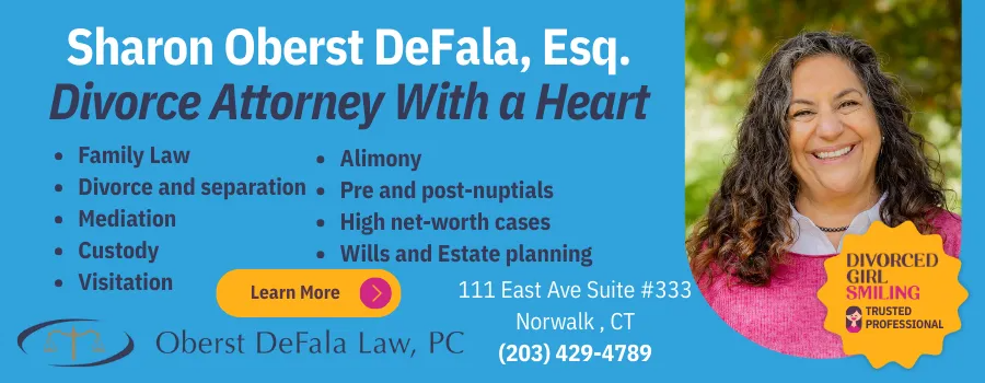 Blue divorce-law ad for Sharon Oberst DeFala with portrait, practice areas, and contact info