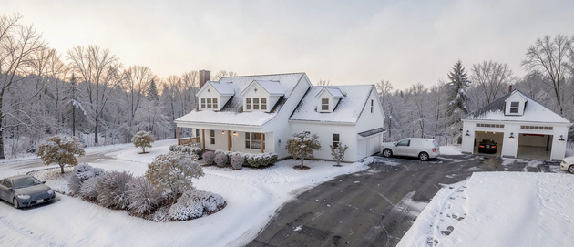 Snow-covered suburban house and driveway on a winter day, with trees and a detached garage.