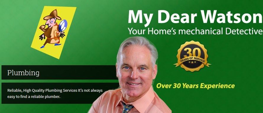 My Dear Watson plumbing ad with smiling man, green background, and 30 years experience badge