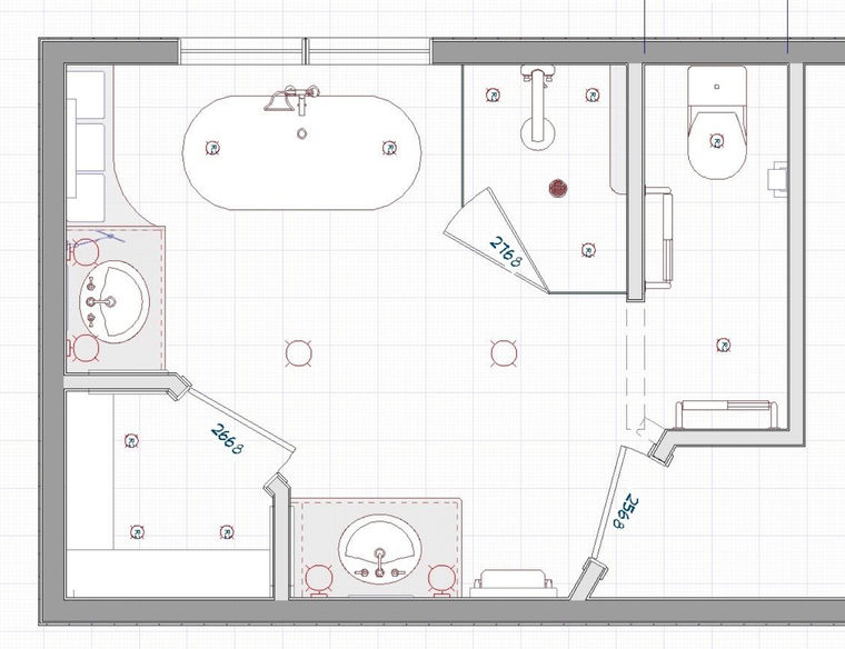 Top-down view of a modern bathroom with gray tile, white fixtures, sink, toilet, tub, and shower.