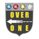 Shield logo with "OVER ONE" in yellow; arrow pointing left; jewels.