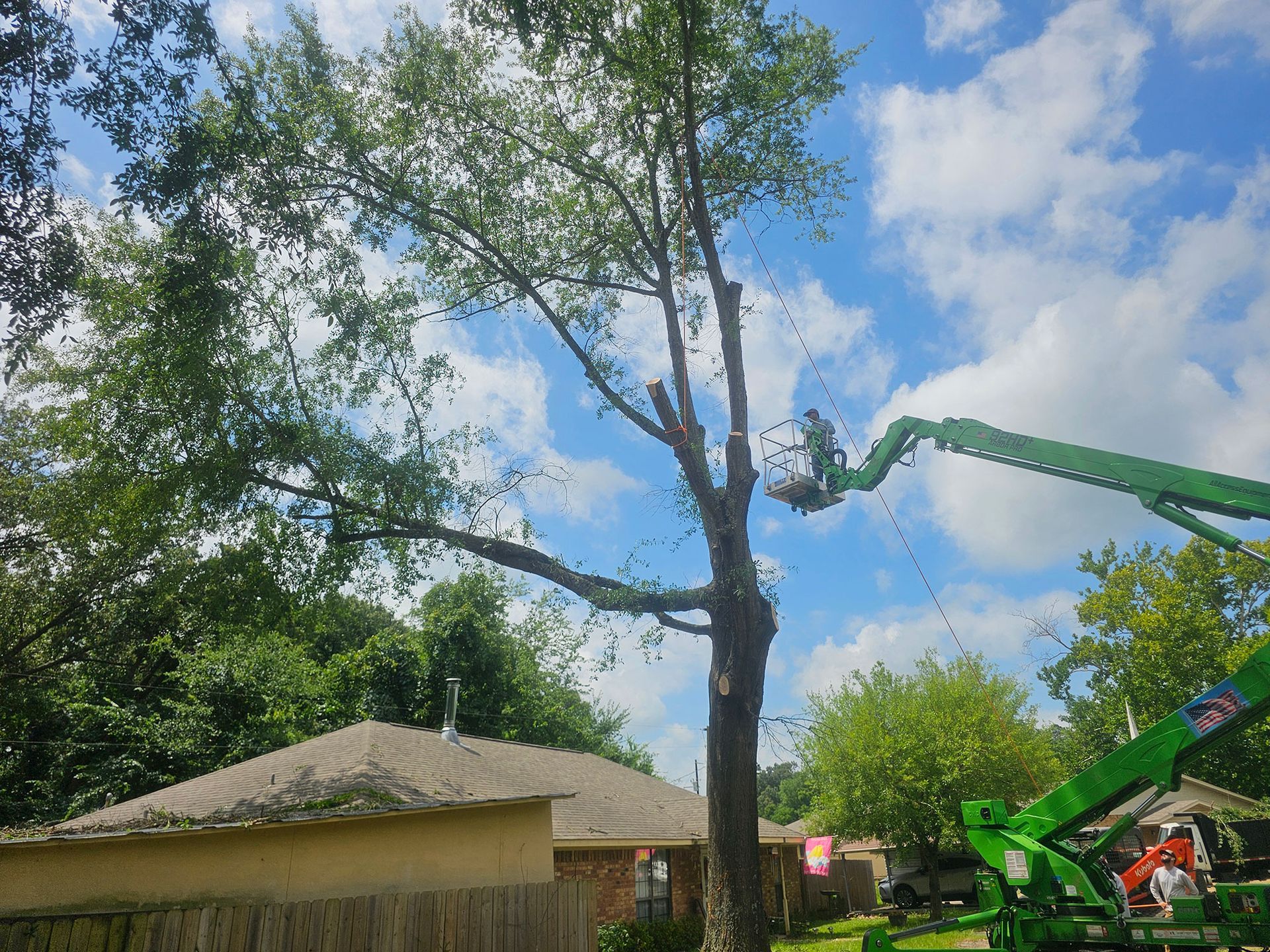 Green bucket truck trimming a tall tree beside a house under a blue, cloudy sky