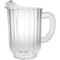 A clear plastic pitcher with a handle on a white background.