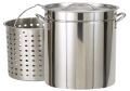 A stainless steel pot and a stainless steel basket on a white background.
