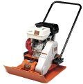 A vibratory plate compactor with a gas engine on a white background.