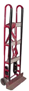 A red and black hand truck with a ladder attached to it.