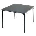 A black folding table with metal legs on a white background.
