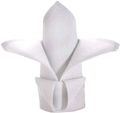 A white napkin folded in the shape of a flower on a white background.