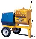 A yellow and blue concrete mixer with wheels on a white background.