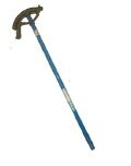 A pipe bending tool with a blue handle on a white background.