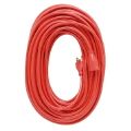 A red extension cord with a plug on a white background.