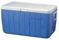 A blue cooler with a white lid and handles on a white background.