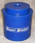 A blue cooler with a hole in the middle is sitting on a table.