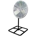 A fan is sitting on top of a metal stand on a white background.