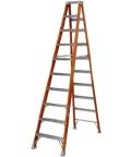 A pair of wooden ladders sitting next to each other on a white background.