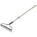 A rake with a wooden handle on a white background.