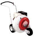 A white and red blower with wheels and a handle on a white background.