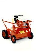 A red lawn mower with wheels on a white background.