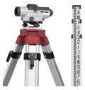 A level on a tripod with a measuring stick next to it.