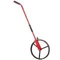 A red and black measuring wheel with a long handle on a white background.